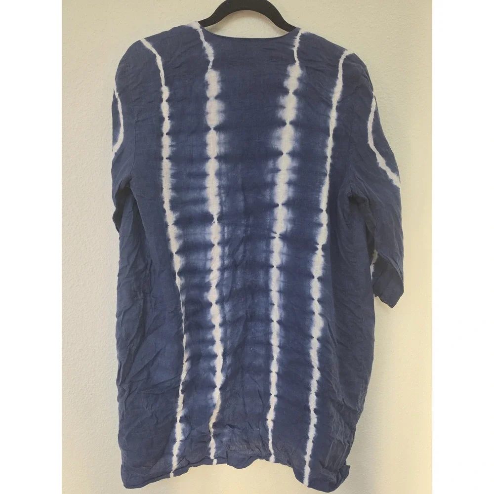 Chico's Open Cardigan Size 1P Boho Tie Dye Blue White Linen 3/4 Sleeve Sweater